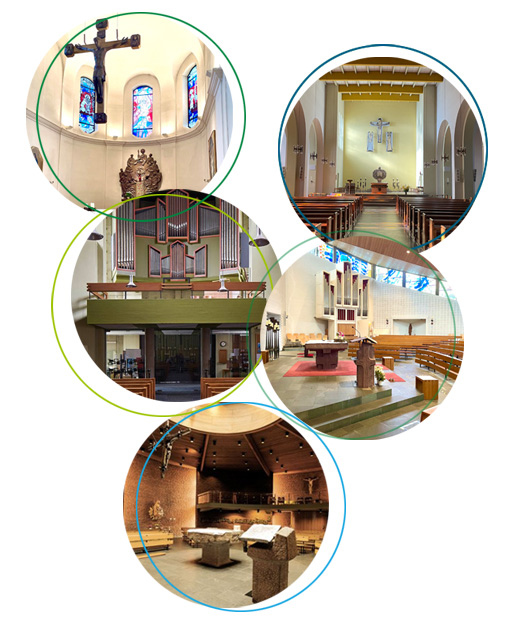 Grafik aus verschiedenen runden Bildern aller 5 Kirchengemeinden im Pastoralem Raum Süd.