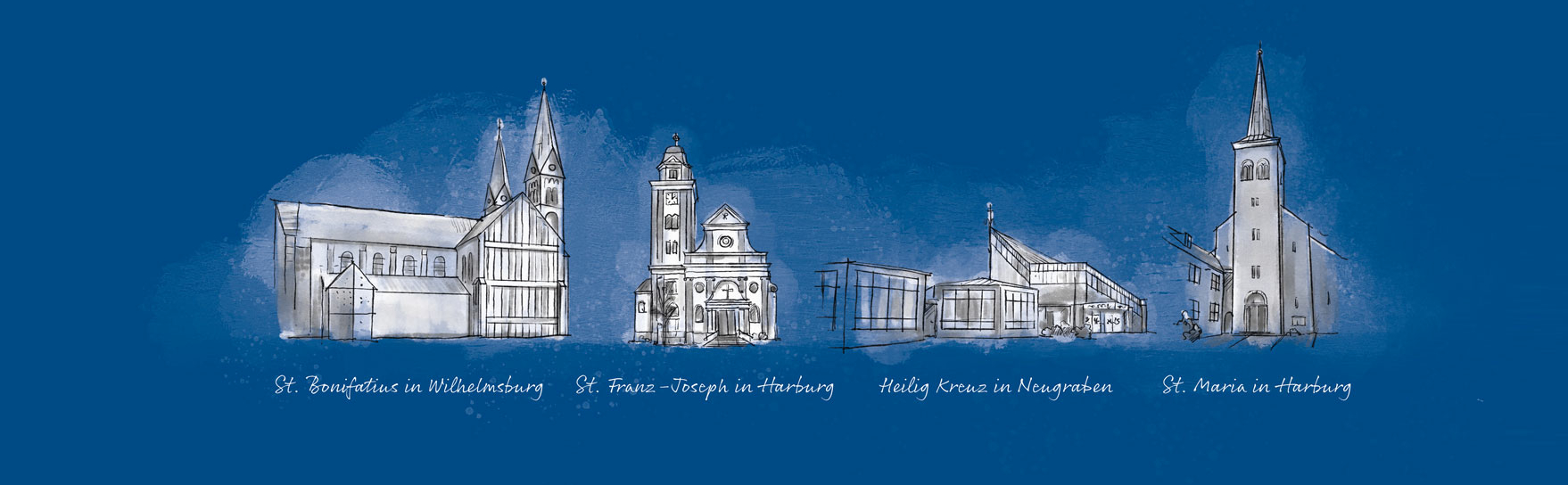 Ilustration aller der Pfarrei St. Maximilian Kolbe zugehörigen Kirchen auf blauemHintergrund.