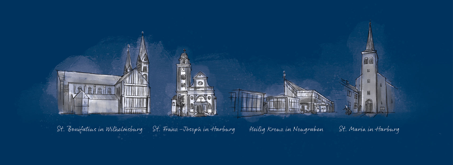 Ilustration aller der Pfarrei St. Maximilian Kolbe zugehörigen Kirchen auf blauemHintergrund.